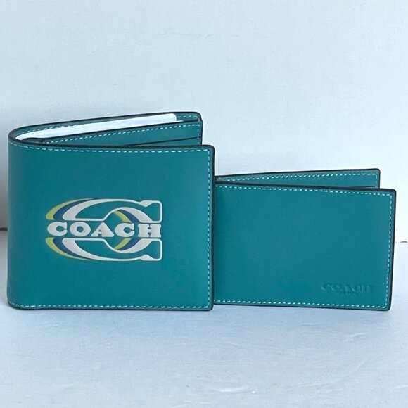 Coach 3 In 1 Wallet Mens Leather Vintage Logo Stamp Blue Teal CH084 Removable - Picture 2 of 8